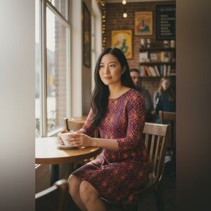 Isle Apparel Colorful Geometric Patterned Shift Dress 3/4 Bell Sleeve Size L